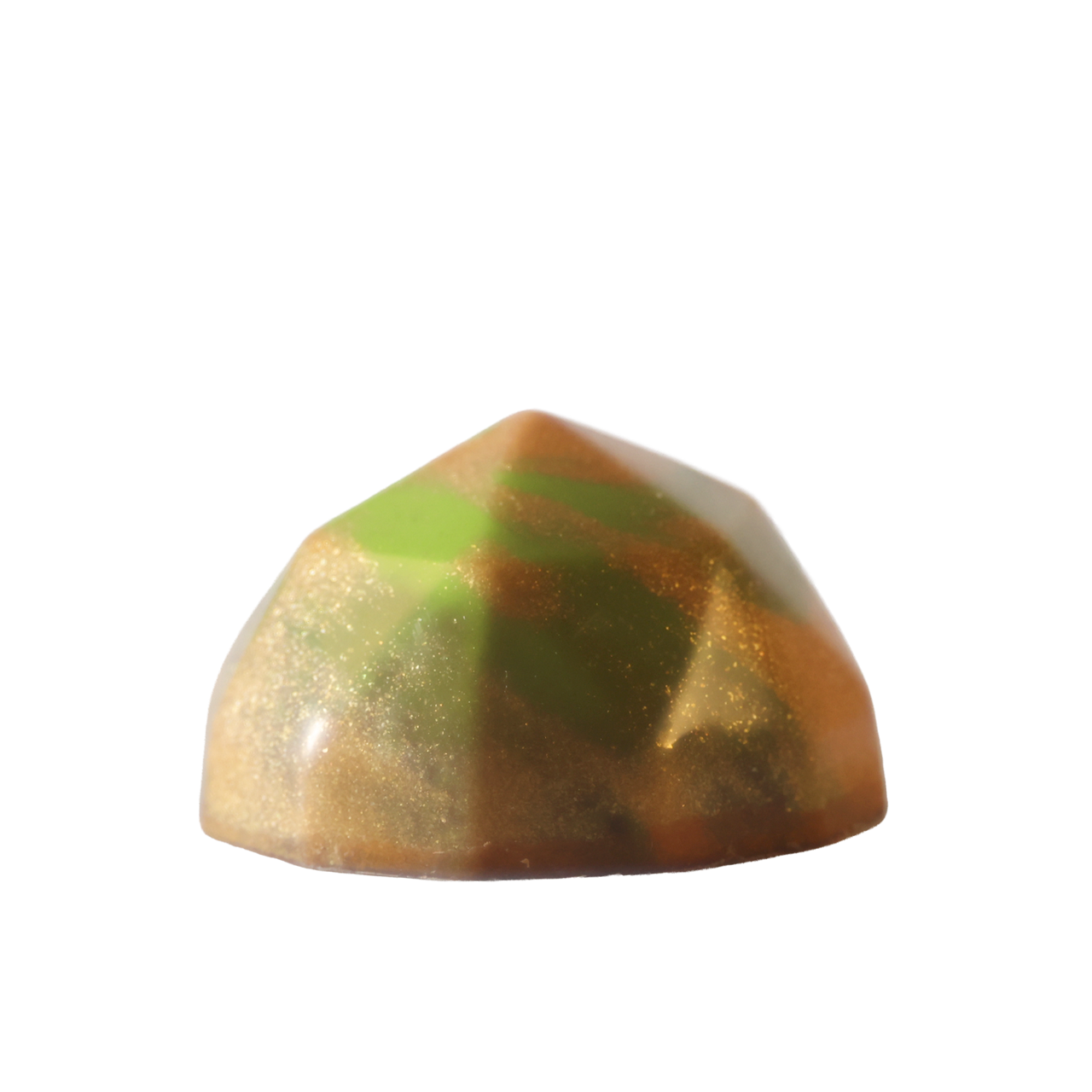 Kelly green and gold pistachio kadayif flavored bon bon. Front view.