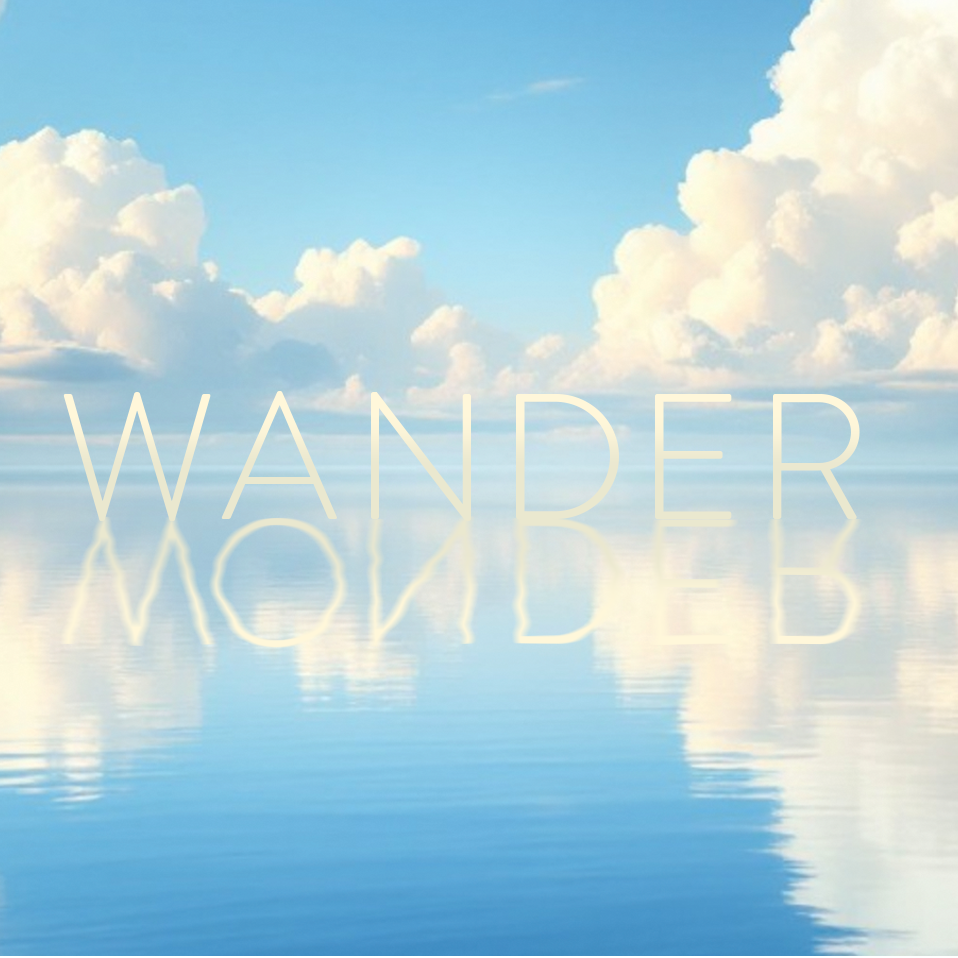 Cloudy sky reflected in water with 'Wander' text overlay. The word 'Wonder' is reflected in the water.